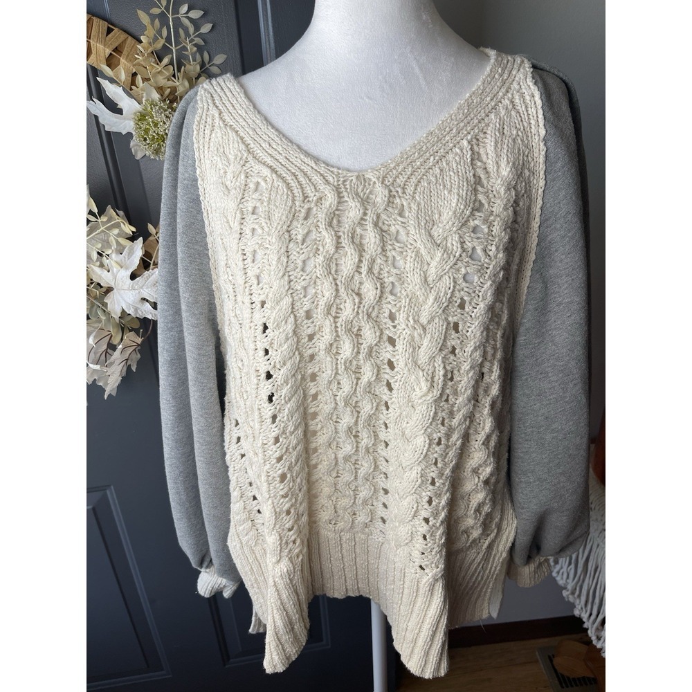 Free People Hideaway Cable Crochet Sweater Oversized Ivory Gray Boho Y2K Size M